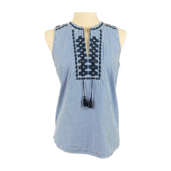 J. CREW SLEEVELESS BLUE AND WHITE STRIPED, EMBROIDERED TOP, SIZE 0 - Picture 1 of 4